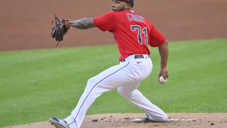 Aug 15, 2022; Cleveland, Ohio, USA; Cleveland Guardians starting pitcher Xzavion Curry (71) delivers a pitch in the first inning against the Detroit Tigers at Progressive Field. Mandatory Credit: David Richard-USA TODAY Sports