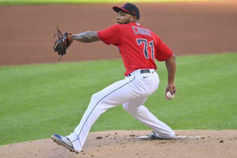 Aug 15, 2022; Cleveland, Ohio, USA; Cleveland Guardians starting pitcher Xzavion Curry (71) delivers a pitch in the first inning against the Detroit Tigers at Progressive Field. Mandatory Credit: David Richard-USA TODAY Sports