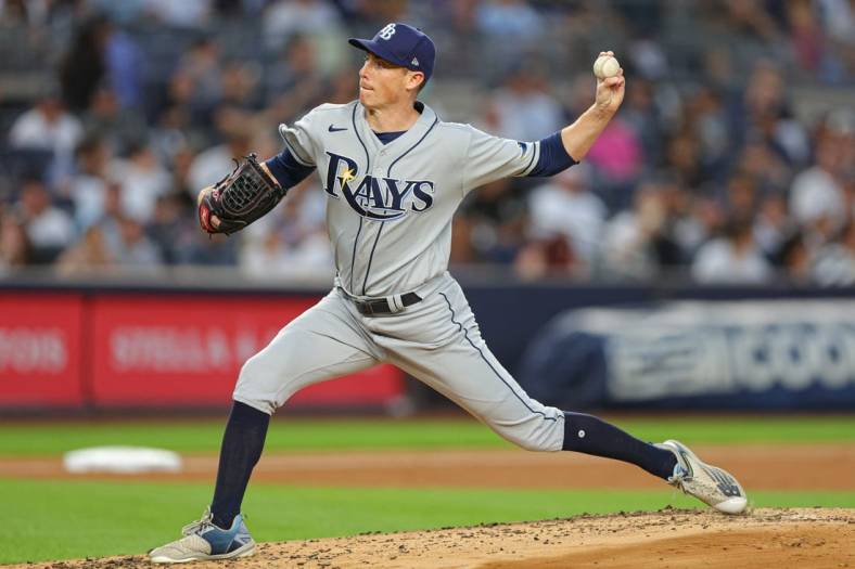 Aug 15, 2022; Bronx, New York, USA; Tampa Bay Rays relief pitcher Ryan Yarbrough (48) delivers a pitch during the third inning against the New York Yankees at Yankee Stadium. Mandatory Credit: Vincent Carchietta-USA TODAY Sports