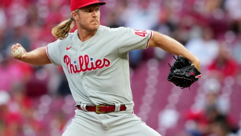 Philadelphia Phillies starting pitcher Noah Syndergaard (43) delivers a pitch in the third inning of a baseball game against the Cincinnati Reds, Monday, Aug. 15, 2022, at Great American Ball Park in Cincinnati.

Philadelphia Phillies At Cincinnati Reds Aug 15 5902