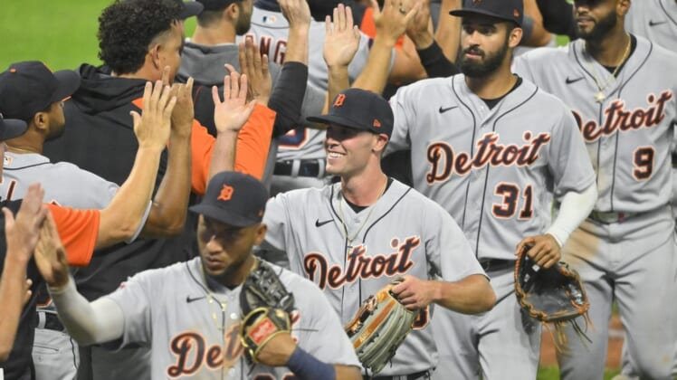 Aug 15, 2022; Cleveland, Ohio, USA; Detroit Tigers players celebrate a win over the Cleveland Guardians at Progressive Field. Mandatory Credit: David Richard-USA TODAY Sports