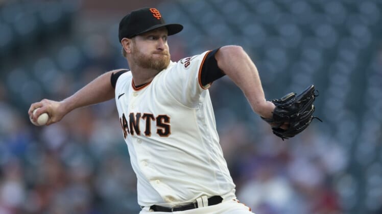 Aug 15, 2022; San Francisco, California, USA; San Francisco Giants starting pitcher Alex Cobb (38) delivers a pitch against the Arizona Diamondbacks during the second inning at Oracle Park. Mandatory Credit: D. Ross Cameron-USA TODAY Sports