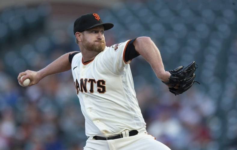 Aug 15, 2022; San Francisco, California, USA; San Francisco Giants starting pitcher Alex Cobb (38) delivers a pitch against the Arizona Diamondbacks during the second inning at Oracle Park. Mandatory Credit: D. Ross Cameron-USA TODAY Sports