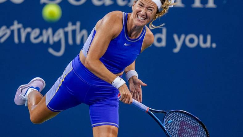 Victoria Azarenka makes a hit to Kaia Kanepi on Grand Stand court during the Western & Southern Open at the Lindner Family Tennis Center in Mason Monday, August 15, 2022.  Azarenka won 6-3, 4-6, 6-3.

Monday Tennis10