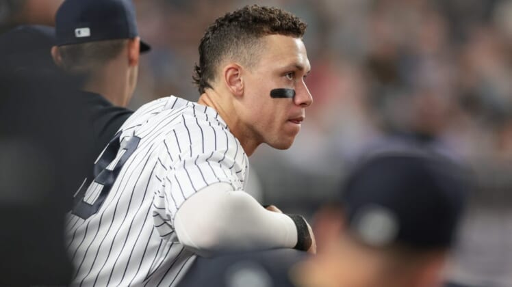 Aug 15, 2022; Bronx, New York, USA; New York Yankees right fielder Aaron Judge (99) looks out during the sixth inning against the Tampa Bay Rays at Yankee Stadium. Mandatory Credit: Vincent Carchietta-USA TODAY Sports