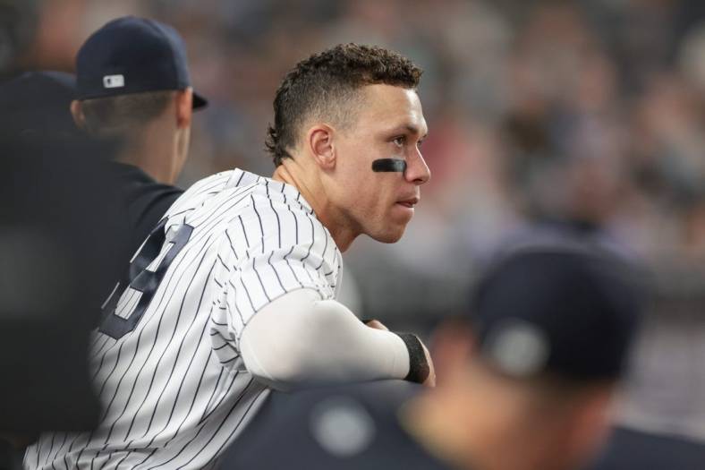Aug 15, 2022; Bronx, New York, USA; New York Yankees right fielder Aaron Judge (99) looks out during the sixth inning against the Tampa Bay Rays at Yankee Stadium. Mandatory Credit: Vincent Carchietta-USA TODAY Sports
