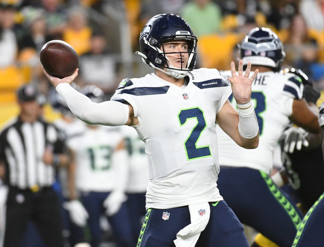 Aug 13, 2022; Pittsburgh, Pennsylvania, USA;  Seattle Seahawks quarterback Drew Lock (2) throws a pass against the Pittsburgh Steelers during the third quarter at Acrisure Stadium. Mandatory Credit: Philip G. Pavely-USA TODAY Sports