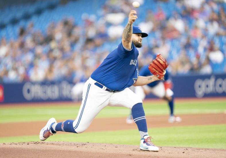 Aug 16, 2022; Toronto, Ontario, CAN; Toronto Blue Jays starting pitcher Alek Manoah (6) throws a pitch against the Baltimore Orioles during the first inning at Rogers Centre. Mandatory Credit: Nick Turchiaro-USA TODAY Sports