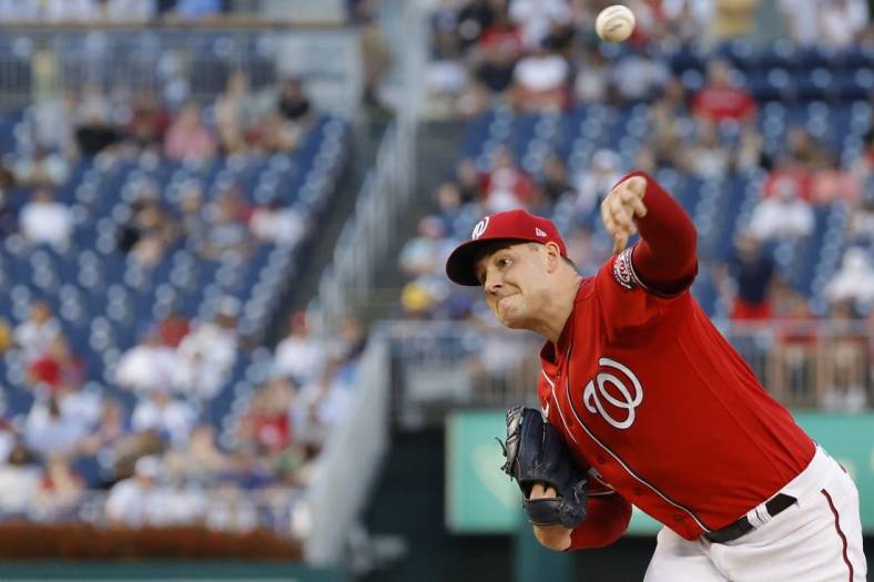Aug 16, 2022; Washington, District of Columbia, USA; Washington Nationals starting pitcher Patrick Corbin (46) pitches against the Chicago Cubs during the second inning at Nationals Park. Mandatory Credit: Geoff Burke-USA TODAY Sports