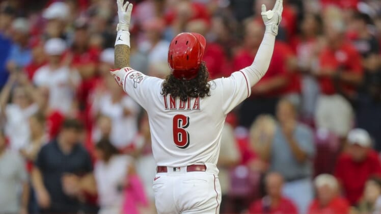 Aug 16, 2022; Cincinnati, Ohio, USA; Cincinnati Reds second baseman Jonathan India (6) reacts after hitting a solo home run in the third inning against the Philadelphia Phillies at Great American Ball Park. Mandatory Credit: Katie Stratman-USA TODAY Sports