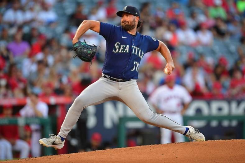 Aug 16, 2022; Anaheim, California, USA; Seattle Mariners starting pitcher Robbie Ray (38) throws against the Los Angeles Angels during the first inning at Angel Stadium. Mandatory Credit: Gary A. Vasquez-USA TODAY Sports