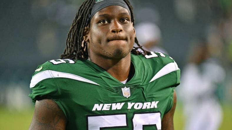 Aug 12, 2022; Philadelphia, Pennsylvania, USA; New York Jets linebacker Quincy Williams (56) against the Philadelphia Eagles at Lincoln Financial Field. Mandatory Credit: Eric Hartline-USA TODAY Sports