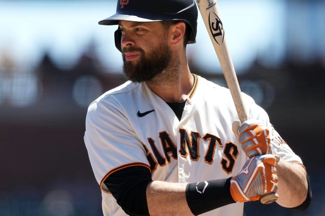 Aug 14, 2022; San Francisco, California, USA; San Francisco Giants first baseman Brandon Belt (9) bats during the first inning against the Pittsburgh Pirates at Oracle Park. Mandatory Credit: Darren Yamashita-USA TODAY Sports