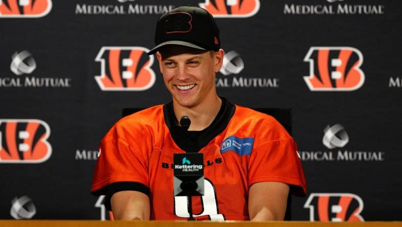 Cincinnati Bengals quarterback Joe Burrow gives his first press conference of the season as he returns from appendectomy surgery on Wednesday, Aug. 17, 2022.

Joe Burrow Presser