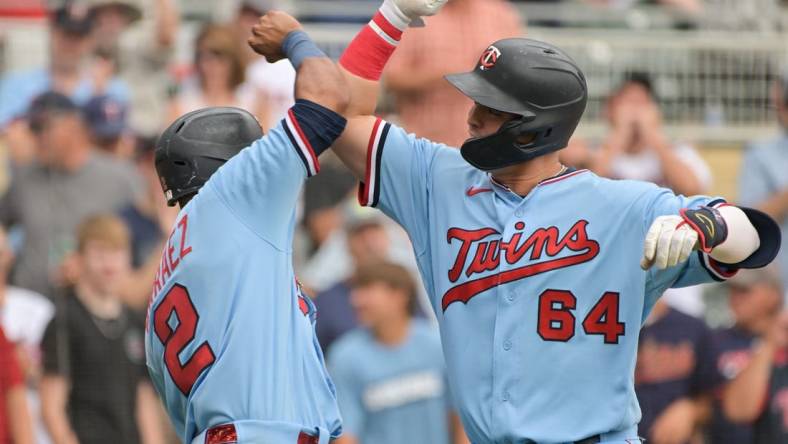 Aug 17, 2022; Minneapolis, Minnesota, USA; Minnesota Twins first baseman Jose Miranda (64) reacts with second baseman Luis Arraez (2) after hitting a home run off Kansas City Royals starting pitcher Daniel Lynch (not pictured) during the first inning at Target Field. Mandatory Credit: Jeffrey Becker-USA TODAY Sports