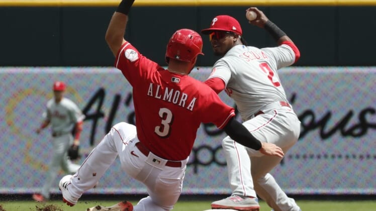 Aug 17, 2022; Cincinnati, Ohio, USA; Cincinnati Reds center fielder Albert Almora Jr. (3) is forced out at second by Philadelphia Phillies second baseman Jean Segura (2) during the second inning at Great American Ball Park. Mandatory Credit: David Kohl-USA TODAY Sports