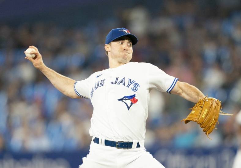 Aug 17, 2022; Toronto, Ontario, CAN; Toronto Blue Jays starting pitcher Ross Stripling (48) throws a pitch against the Baltimore Orioles during the first inning at Rogers Centre. Mandatory Credit: Nick Turchiaro-USA TODAY Sports