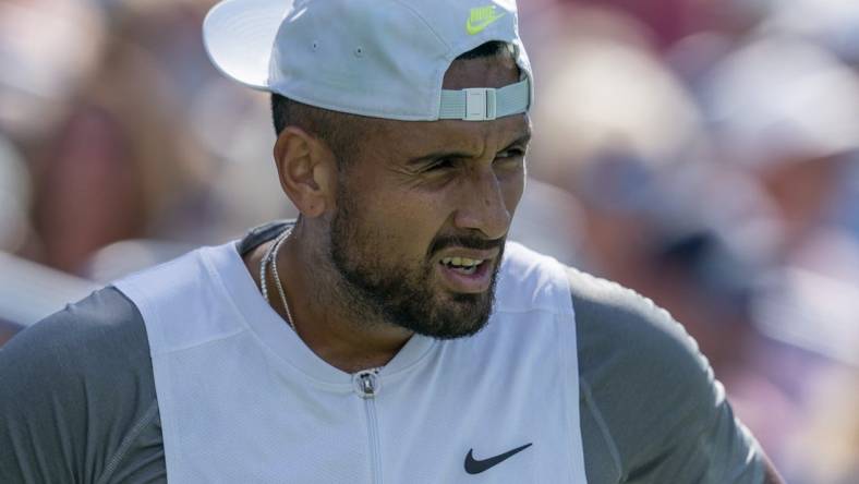 Aug 17, 2022; Cincinnati, OH, USA; Nick Kyrgios (AUS) questions a call during his match against Taylor Fritz (USA) at the Western & Southern Open at the at the Lindner Family Tennis Center. Mandatory Credit: Susan Mullane-USA TODAY Sports