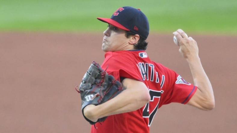 Aug 17, 2022; Cleveland, Ohio, USA; Cleveland Guardians starting pitcher Cal Quantrill (47) delivers a pitch in the second inning against the Detroit Tigers at Progressive Field. Mandatory Credit: David Richard-USA TODAY Sports