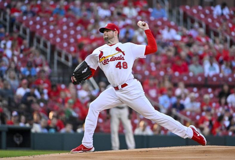 Aug 17, 2022; St. Louis, Missouri, USA;  St. Louis Cardinals starting pitcher Jordan Montgomery (48) pitches against the Colorado Rockies during the first inning at Busch Stadium. Mandatory Credit: Jeff Curry-USA TODAY Sports