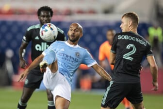 Aug 17, 2022; Harrison, New Jersey, USA; New York City FC forward Heber (9) plays the ball against Charlotte FC defender Jan Sobocinski (2) during the first half at Red Bull Arena. Mandatory Credit: Vincent Carchietta-USA TODAY Sports