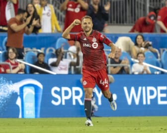 Aug 17, 2022; Toronto, Ontario, CAN; Toronto FC defender Domenico Criscito (44) celebrates after scoring a goal against the New England Revolution during the second half at BMO Field. Mandatory Credit: Kevin Sousa-USA TODAY Sports