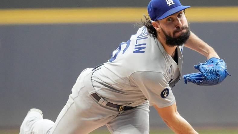 Los Angeles Dodgers starting pitcher Tony Gonsolin (26) throws during the first inning of their game against the Milwaukee Brewers Wednesday, August 17, 2022 at American Family Field in Milwaukee, Wis.

Brewers17 4