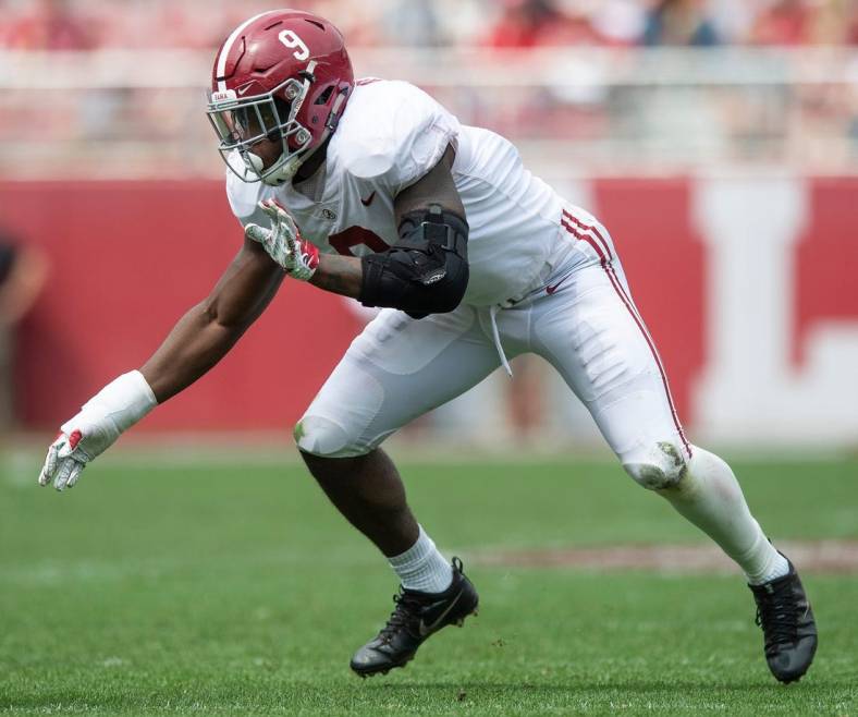 Alabama linebacker Eyabi Anoma (9) during the second half in the Alabama A-Day spring football scrimmage game at Bryant Denny Stadium in Tuscaloosa, Ala., on Saturday, April 13, 2019.

Anoma01