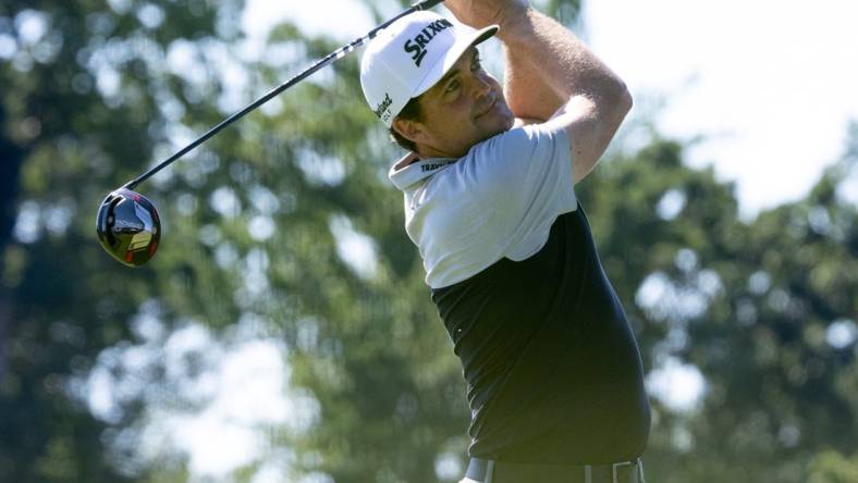 Aug 18, 2022; Wilmington, Delaware, USA; Keegan Bradley plays his shot from the third tee during the first round of the BMW Championship golf tournament. Mandatory Credit: Bill Streicher-USA TODAY Sports