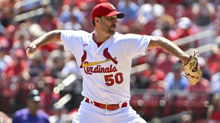 Aug 18, 2022; St. Louis, Missouri, USA;  St. Louis Cardinals starting pitcher Adam Wainwright (50) pitches against the Colorado Rockies during the first inning at Busch Stadium. Mandatory Credit: Jeff Curry-USA TODAY Sports