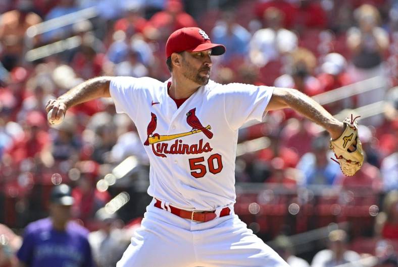 Aug 18, 2022; St. Louis, Missouri, USA;  St. Louis Cardinals starting pitcher Adam Wainwright (50) pitches against the Colorado Rockies during the first inning at Busch Stadium. Mandatory Credit: Jeff Curry-USA TODAY Sports