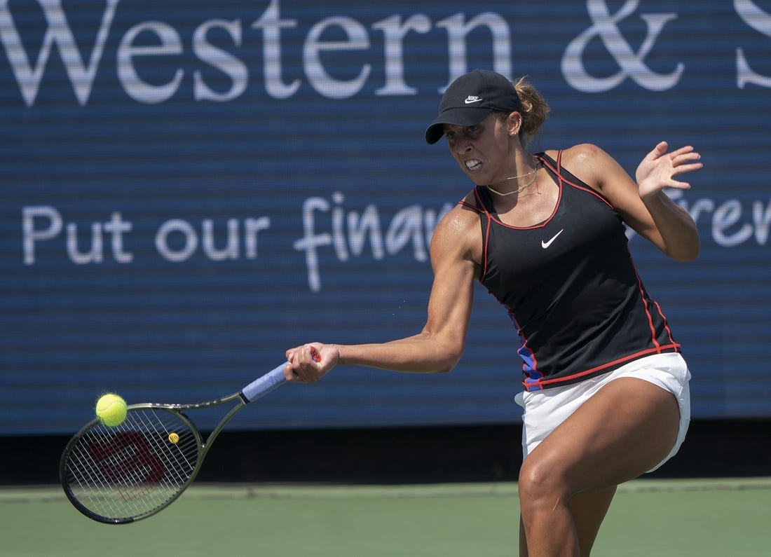 Aug 18, 2022; Cincinnati, OH, USA; Madison Keys (USA) returns a shot during her match against Iga Swiatek (POL) at the Western & Southern Open at the at the Lindner Family Tennis Center. Mandatory Credit: Susan Mullane-USA TODAY Sports