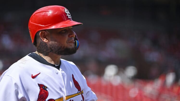Aug 18, 2022; St. Louis, Missouri, USA;  St. Louis Cardinals catcher Yadier Molina (4) looks on during the eighth inning against the Colorado Rockies at Busch Stadium. Mandatory Credit: Jeff Curry-USA TODAY Sports