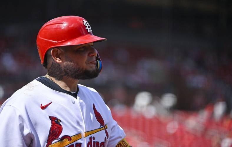 Aug 18, 2022; St. Louis, Missouri, USA;  St. Louis Cardinals catcher Yadier Molina (4) looks on during the eighth inning against the Colorado Rockies at Busch Stadium. Mandatory Credit: Jeff Curry-USA TODAY Sports