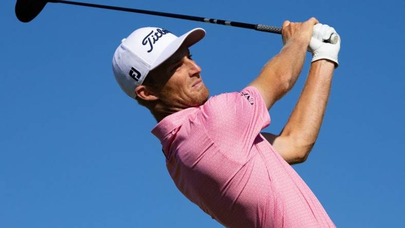 Aug 18, 2022; Wilmington, Delaware, USA; Will Zalatoris plays his shot from the tenth tee during the first round of the BMW Championship golf tournament. Mandatory Credit: Bill Streicher-USA TODAY Sports