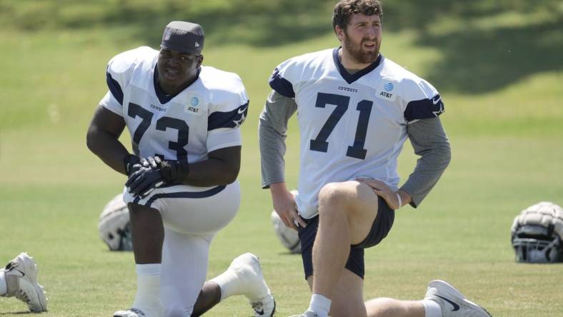 Aug 18, 2022; Costa Mesa, CA, USA; Dallas Cowboys offensive tackle Tyler Smith (73) and offensive tackle Matt Waletzko (71) stretch during joint practice against the Los Angeles Chargers at Jack Hammett Sports Complex. Mandatory Credit: Kirby Lee-USA TODAY Sports