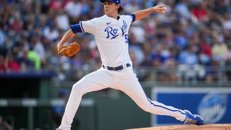 Aug 6, 2022; Kansas City, Missouri, USA; Kansas City Royals starting pitcher Daniel Lynch (52) pitches against the Boston Red Sox during the first inning at Kauffman Stadium. Mandatory Credit: Jay Biggerstaff-USA TODAY Sports