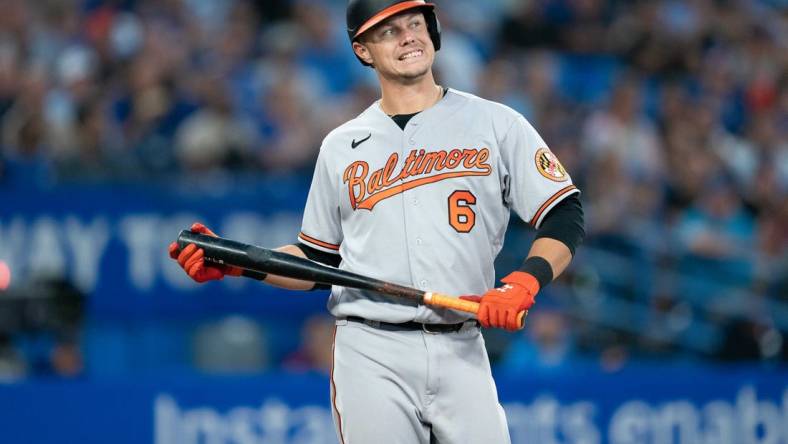 Aug 16, 2022; Toronto, Ontario, CAN; Baltimore Orioles first baseman Ryan Mountcastle (6) reacts after striking out against the Toronto Blue Jays during the fourth inning at Rogers Centre. Mandatory Credit: Nick Turchiaro-USA TODAY Sports