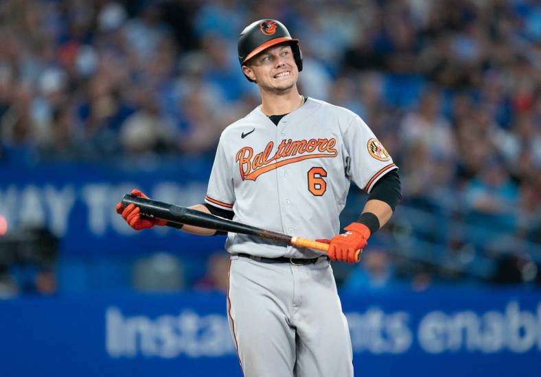 Aug 16, 2022; Toronto, Ontario, CAN; Baltimore Orioles first baseman Ryan Mountcastle (6) reacts after striking out against the Toronto Blue Jays during the fourth inning at Rogers Centre. Mandatory Credit: Nick Turchiaro-USA TODAY Sports
