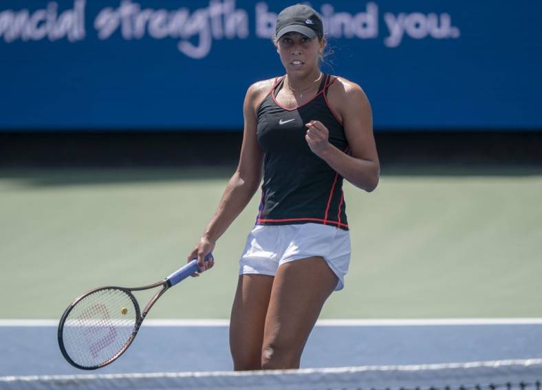 Aug 19, 2022; Cincinnati, OH, USA; Madison Keys (USA) reacts to a point during her match against Elena Rybakina (KAZ) at the Western & Southern Open at the Lindner Family Tennis Center. Mandatory Credit: Susan Mullane-USA TODAY Sports