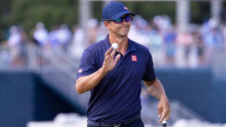 Aug 19, 2022; Wilmington, Delaware, USA; Adam Scott reacts after his birdie putt on the sixth hole during the second round of the BMW Championship golf tournament. Mandatory Credit: Bill Streicher-USA TODAY Sports