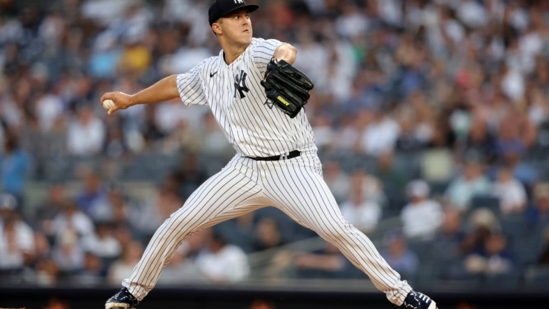 Aug 19, 2022; Bronx, New York, USA; New York Yankees starting pitcher Jameson Taillon (50) pitches against the Toronto Blue Jays during the first inning at Yankee Stadium. Mandatory Credit: Brad Penner-USA TODAY Sports