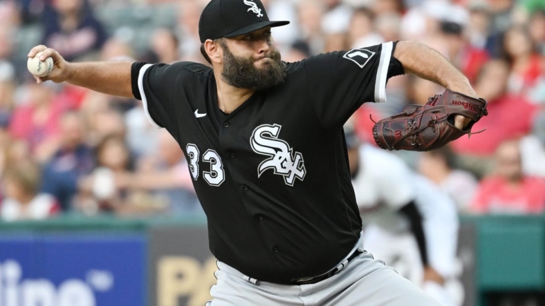 Aug 19, 2022; Cleveland, Ohio, USA; Chicago White Sox starting pitcher Lance Lynn (33) throws a pitch during the first inning against the Cleveland Guardians at Progressive Field. Mandatory Credit: Ken Blaze-USA TODAY Sports