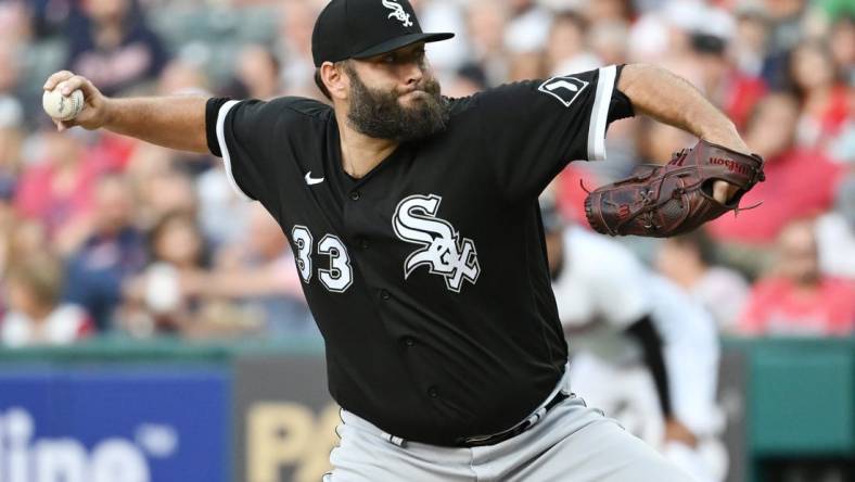 Aug 19, 2022; Cleveland, Ohio, USA; Chicago White Sox starting pitcher Lance Lynn (33) throws a pitch during the first inning against the Cleveland Guardians at Progressive Field. Mandatory Credit: Ken Blaze-USA TODAY Sports