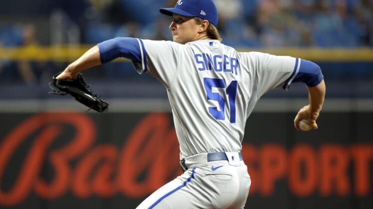 Aug 19, 2022; St. Petersburg, Florida, USA;  Kansas City Royals starting pitcher Brady Singer (51) throws a pitch against the Tampa Bay Rays during the first inning at Tropicana Field. Mandatory Credit: Kim Klement-USA TODAY Sports