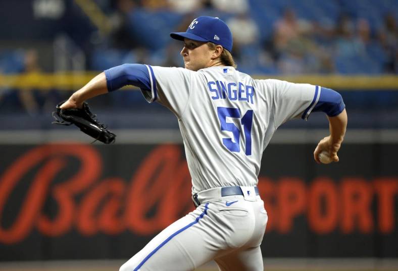 Aug 19, 2022; St. Petersburg, Florida, USA;  Kansas City Royals starting pitcher Brady Singer (51) throws a pitch against the Tampa Bay Rays during the first inning at Tropicana Field. Mandatory Credit: Kim Klement-USA TODAY Sports