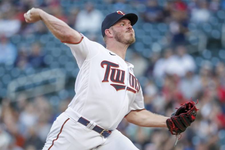 Aug 19, 2022; Minneapolis, Minnesota, USA; Minnesota Twins starting pitcher Dylan Bundy (37) throws to the Texas Rangers in the first inning at Target Field. Mandatory Credit: Bruce Kluckhohn-USA TODAY Sports