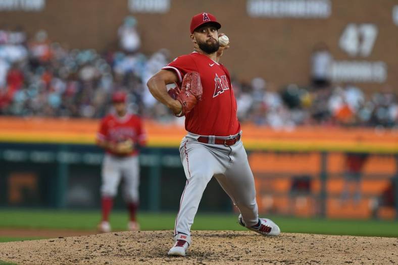 Aug 19, 2022; Detroit, Michigan, USA; Los Angeles Angels starting pitcher Patrick Sandoval (43) throws a pitch against the Detroit Tigers in the fourth inning at Comerica Park. Mandatory Credit: Lon Horwedel-USA TODAY Sports
