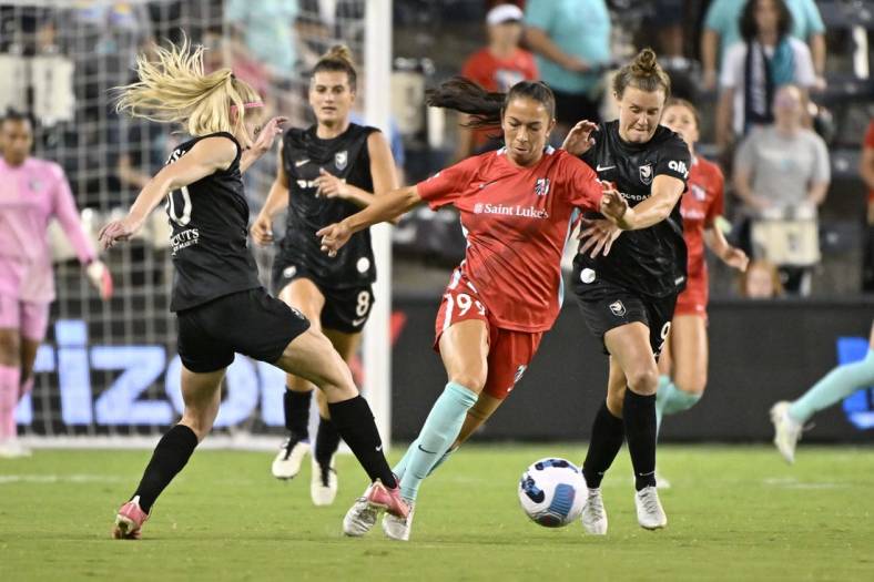Aug 19, 2022; Kansas City, Kansas, USA;  Kansas City Current midfielder Victoria Pickett (99) controls the ball as Angel City FC forward Tyler Lussi (20) defends during the second half at Children's Mercy Park. Mandatory Credit: Amy Kontras-USA TODAY Sports