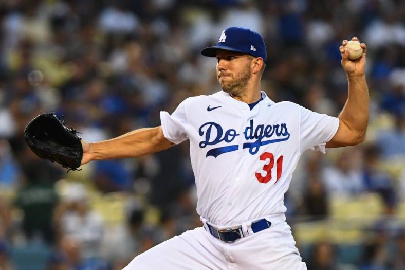 Aug 19, 2022; Los Angeles, California, USA; Los Angeles Dodgers starting pitcher Tyler Anderson (31) throwing a pitch against the Miami Marlins during second inning at Dodger Stadium. Mandatory Credit: Jonathan Hui-USA TODAY Sports